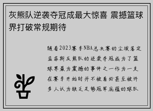 灰熊队逆袭夺冠成最大惊喜 震撼篮球界打破常规期待