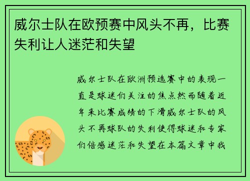 威尔士队在欧预赛中风头不再，比赛失利让人迷茫和失望