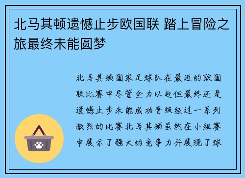 北马其顿遗憾止步欧国联 踏上冒险之旅最终未能圆梦