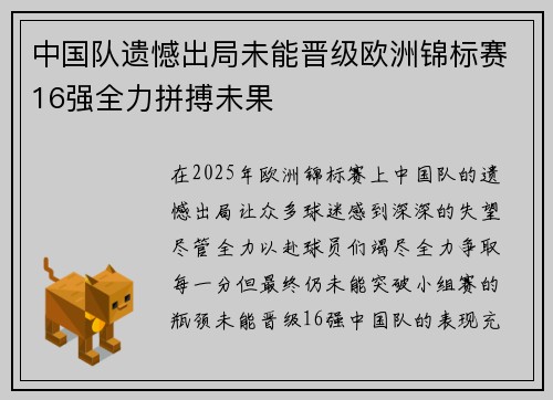 中国队遗憾出局未能晋级欧洲锦标赛16强全力拼搏未果