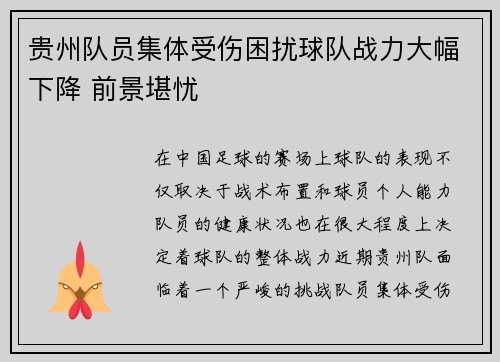贵州队员集体受伤困扰球队战力大幅下降 前景堪忧
